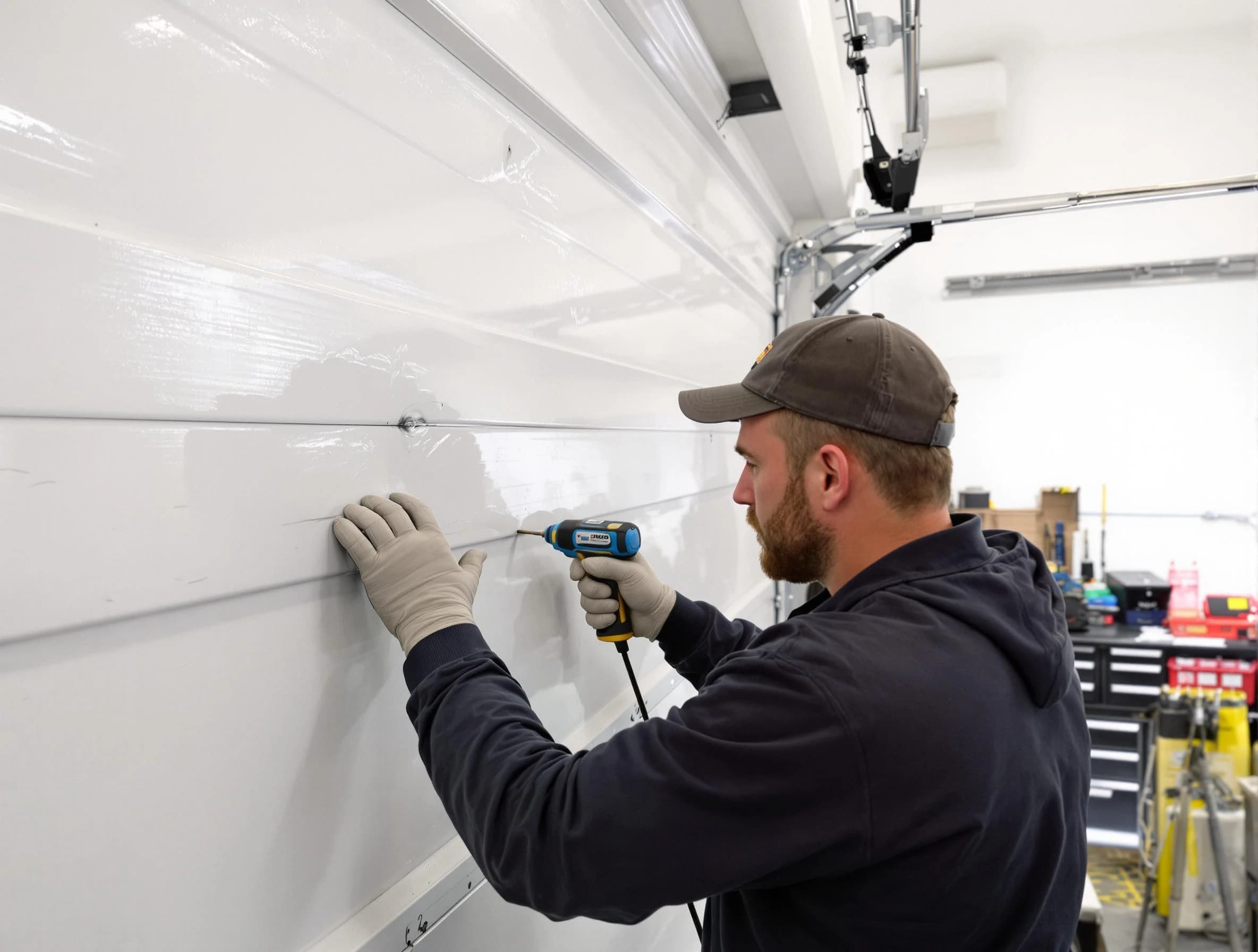 Montevallo Garage Door Repair technician demonstrating precision dent removal techniques on a Montevallo garage door